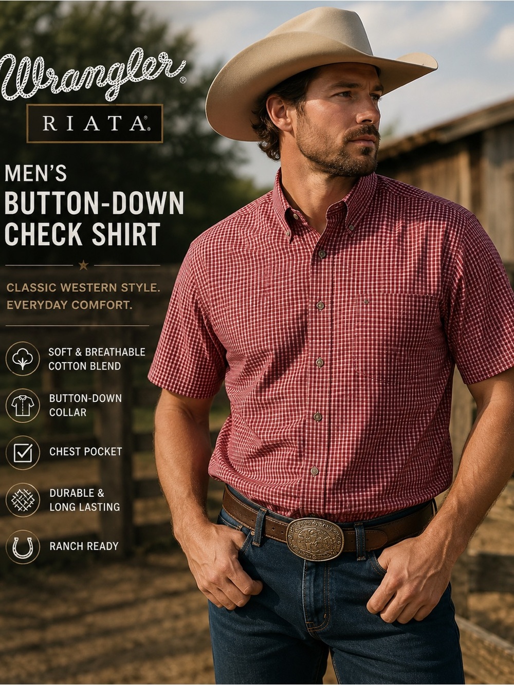 Wrangler Riata Red Check Button Down Western Shirt Men’s XL #rodeo #americana